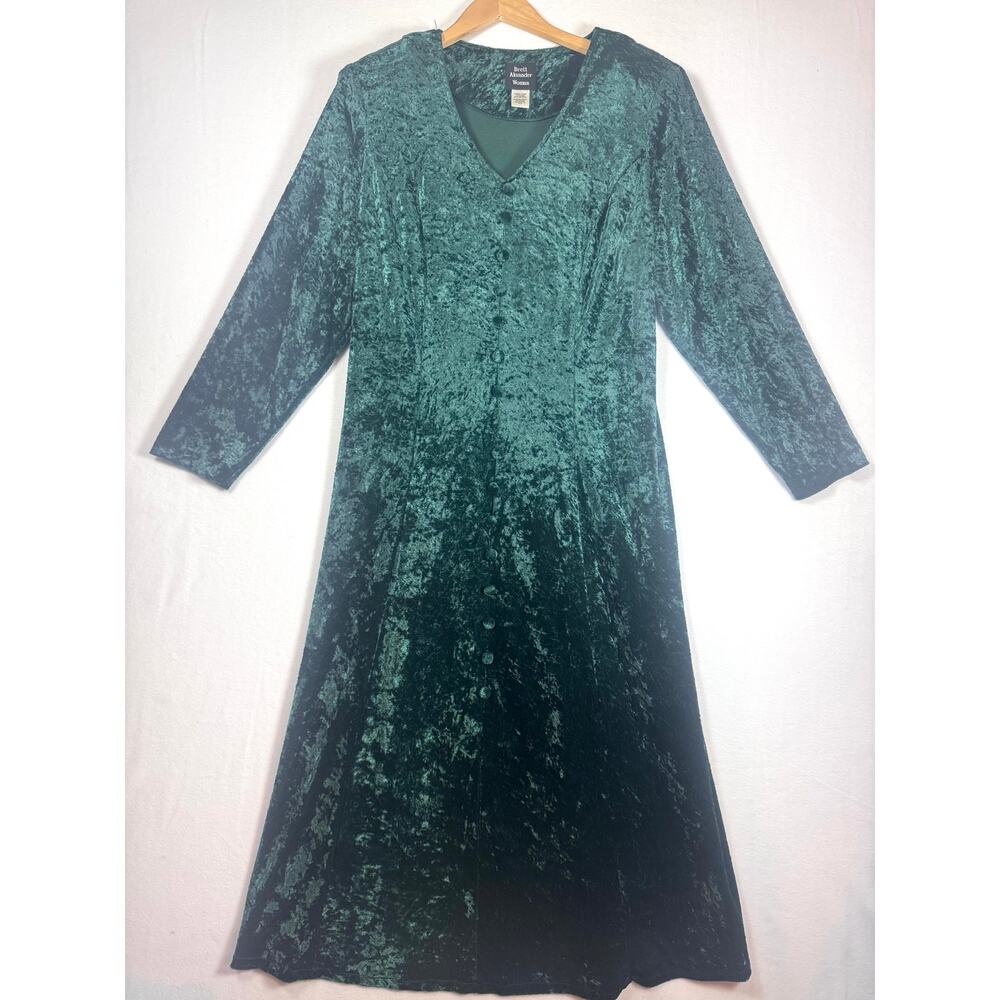 Vtg Brett Alixander Forest Green Crushed Velvet Corset Back Maxi Dress Sz 18/20W